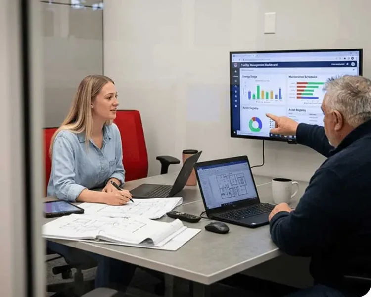 man and woman working on laptops in an office